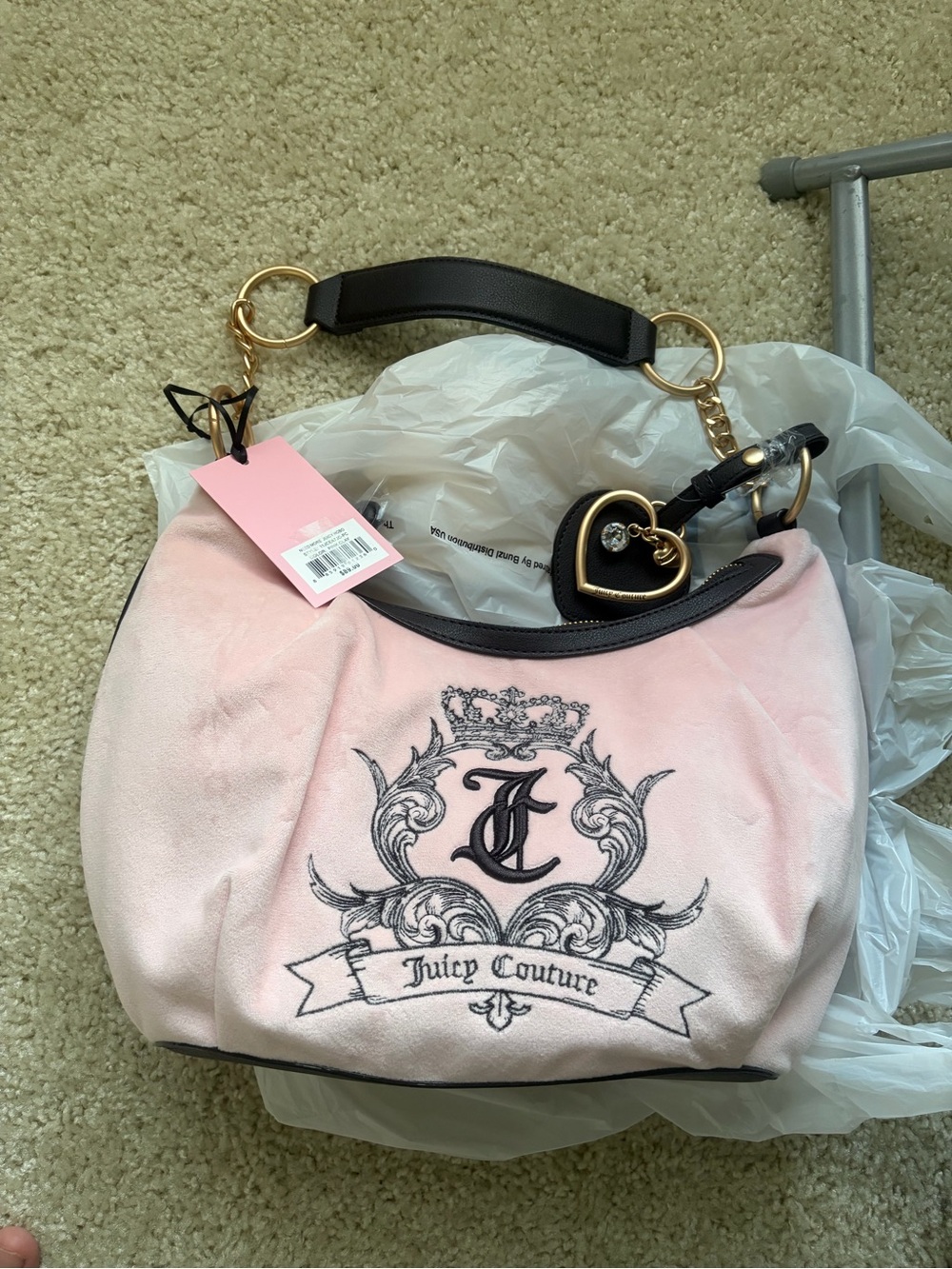 Juicy Couture Pink Velvet Shoulder Bag with Heart Charm &Chain Strap Firm Price!
